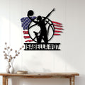Patriotic volleyball metal wall sign displayed above a console table in a bright home interior
