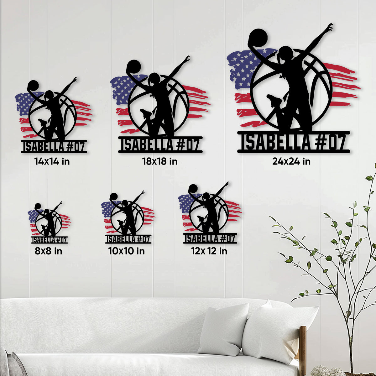 Volleyball player metal sign shown in multiple sizes on a living room wall