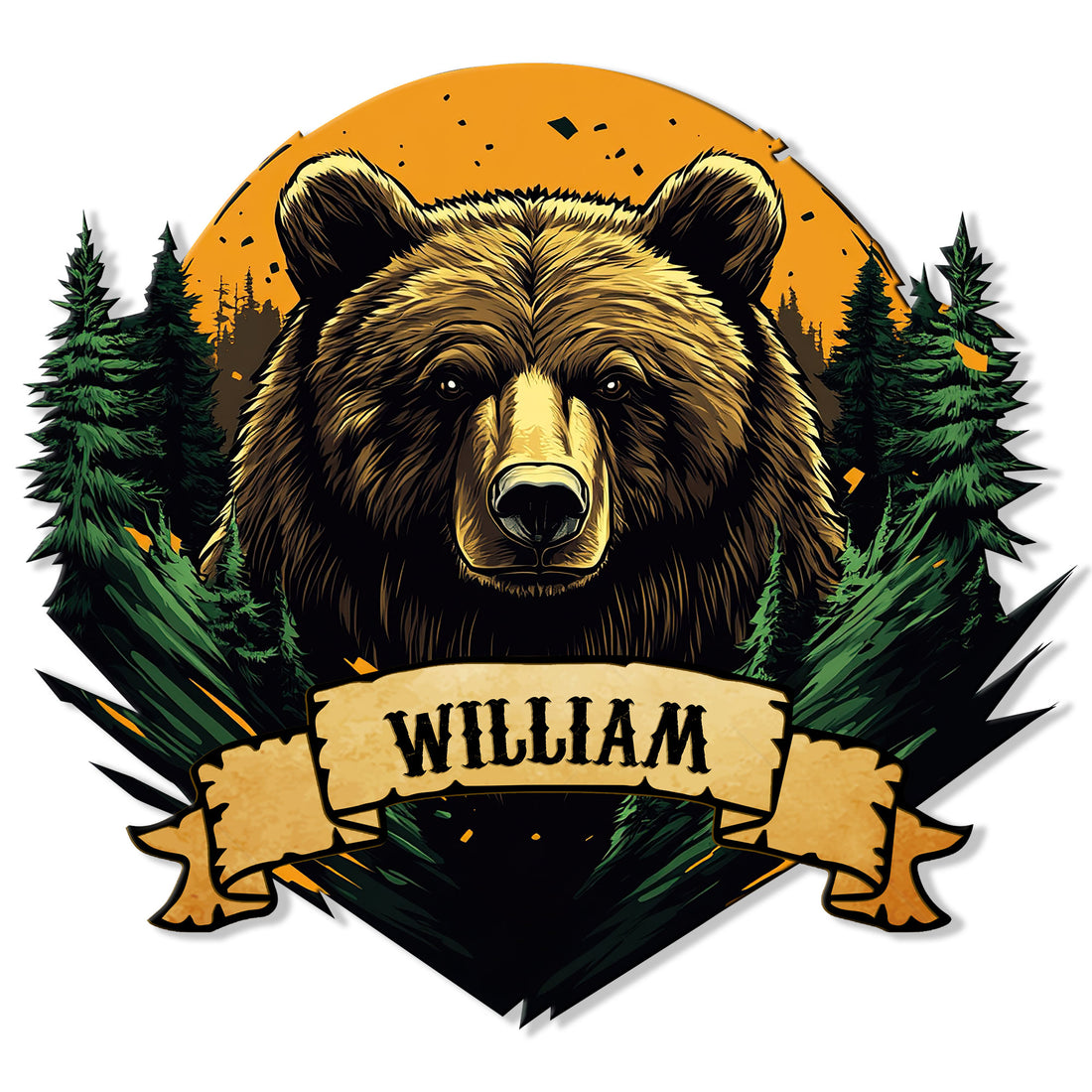 Bear metal sign featuring a detailed bear portrait, evergreen forest, orange sun, and rustic banner design