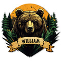 Bear metal sign featuring a detailed bear portrait, evergreen forest, orange sun, and rustic banner design