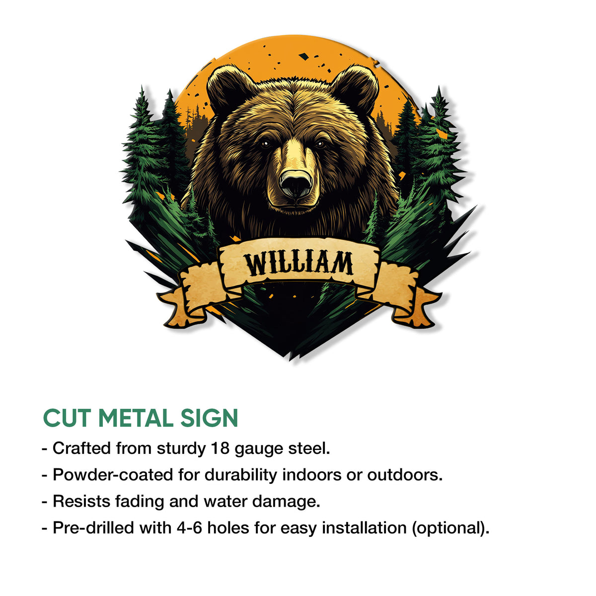 Cut metal bear sign shown with a forest scene, dramatic orange backdrop, and decorative banner
