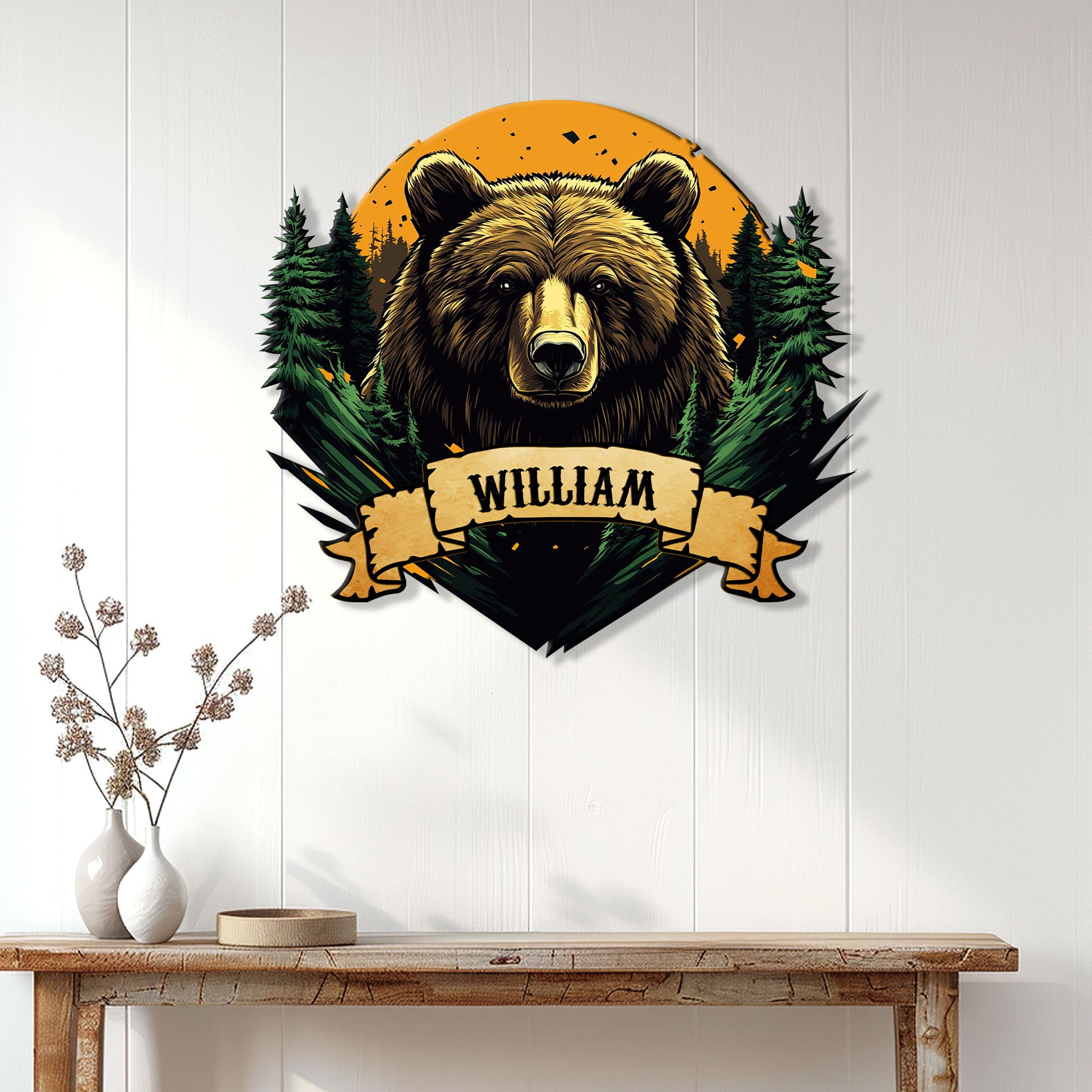 Bear wall sign displayed above a rustic console table in a bright wood-paneled home interior
