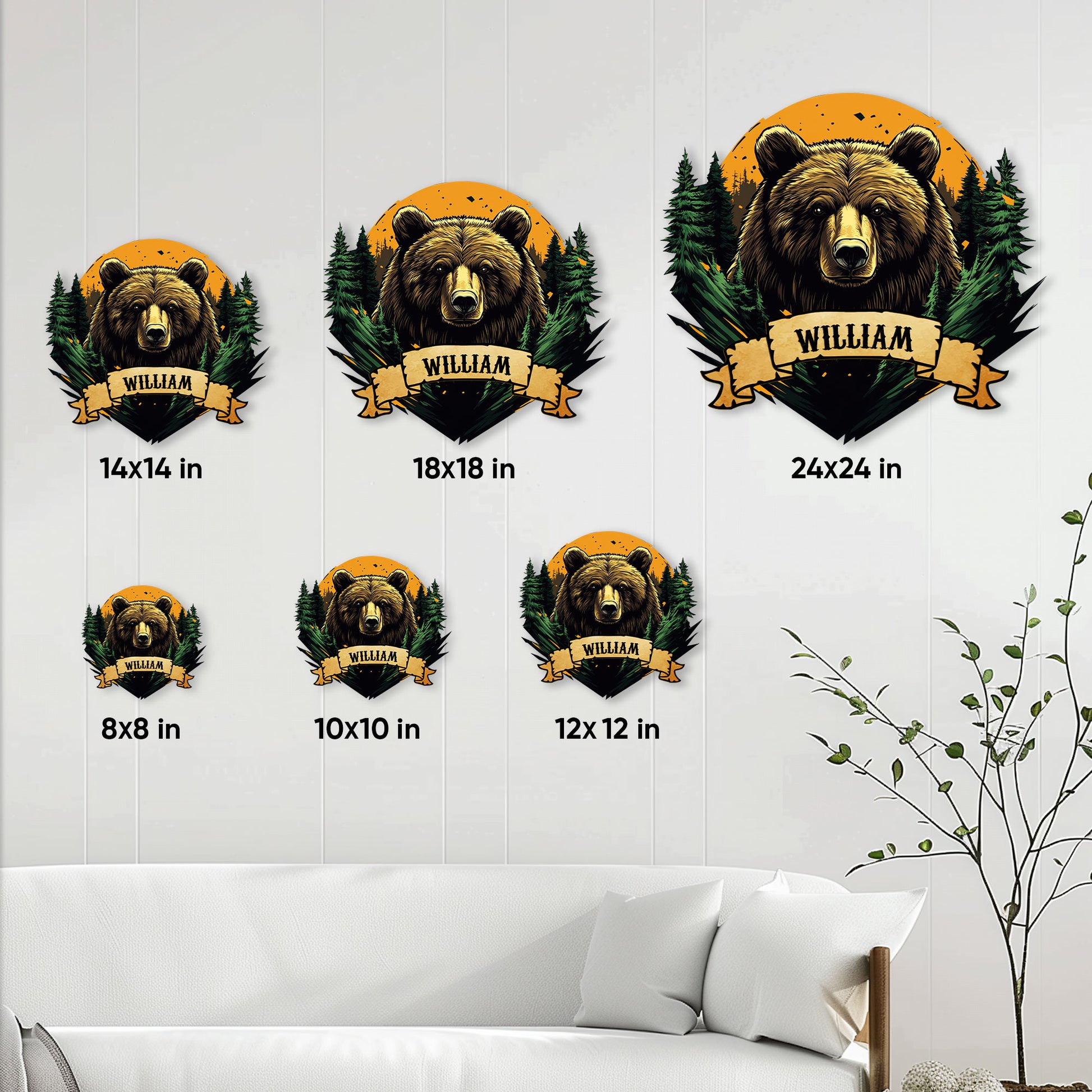 Bear metal sign size guide showing available 8x8, 10x10, 12x12, 14x14, 18x18, and 24x24 inch options