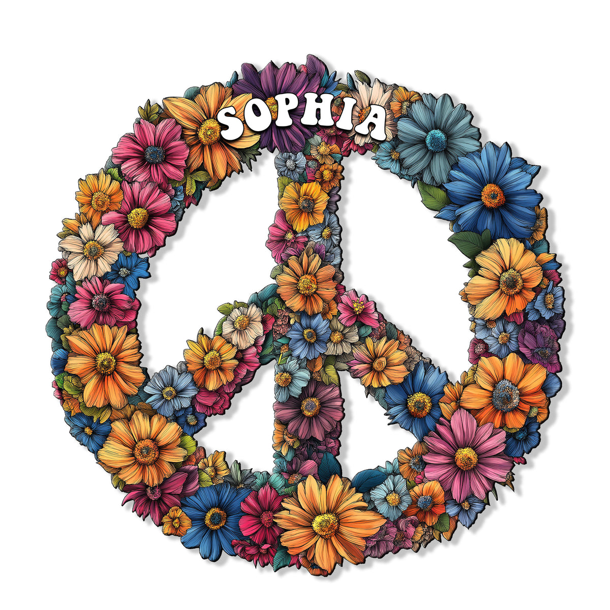 Colorful floral peace sign metal sign with vibrant flowers in a boho hippie design