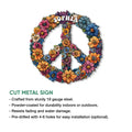 Floral peace sign cut metal sign shown with product feature details for indoor and outdoor display