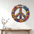 Colorful hippie floral peace sign metal wall decor displayed on a bright paneled wall