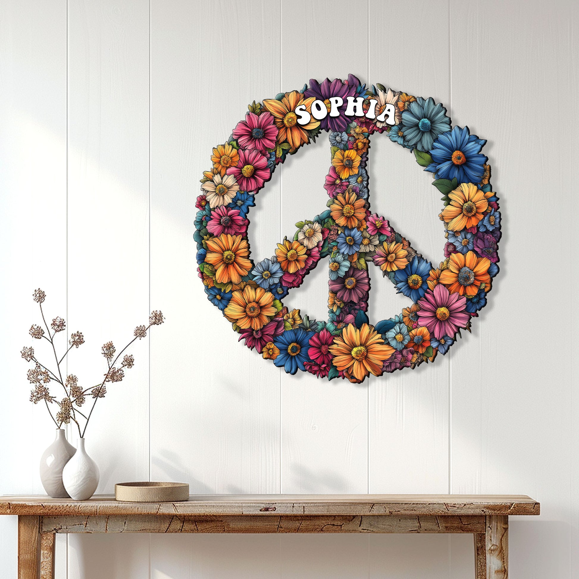 Colorful hippie floral peace sign metal wall decor displayed on a bright paneled wall