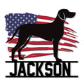 Patriotic Vizsla dog silhouette metal sign with an American flag backdrop and bold custom lower design