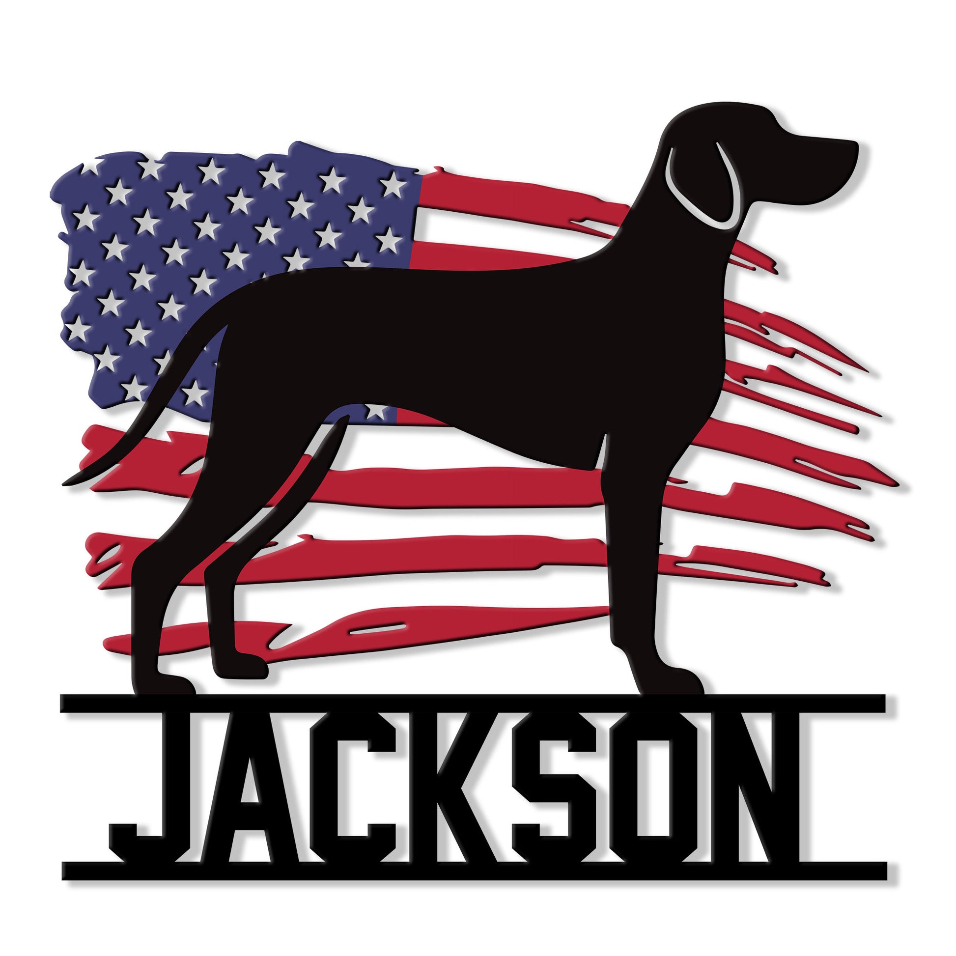 Patriotic Vizsla dog silhouette metal sign with an American flag backdrop and bold custom lower design