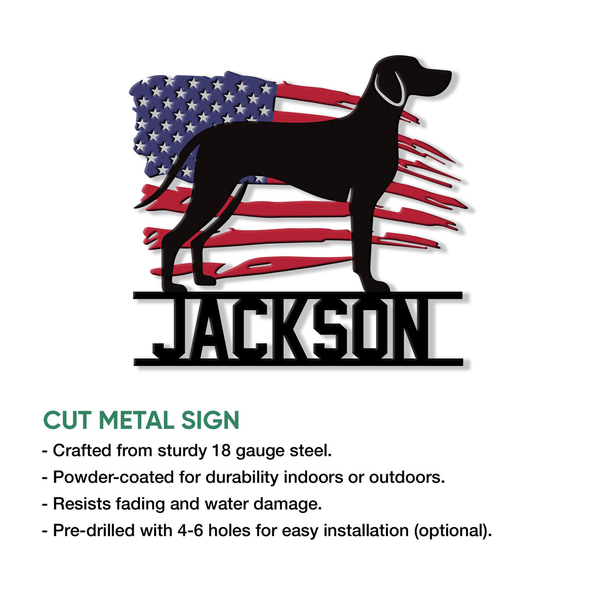 Patriotic Vizsla metal sign feature graphic showing the dog silhouette, American flag design, and product details