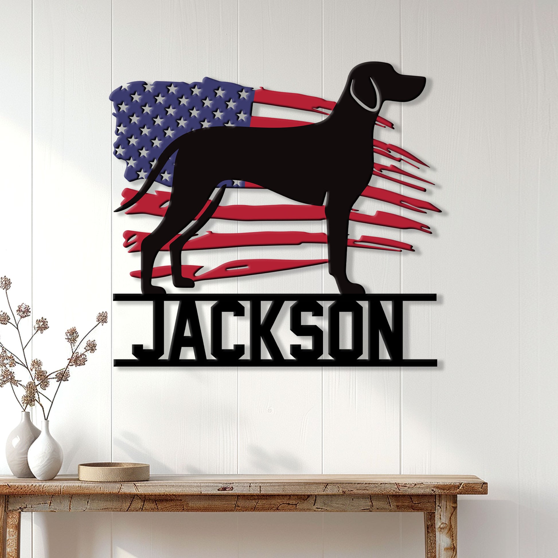 Patriotic Vizsla dog metal wall sign displayed on a white paneled wall above a console table