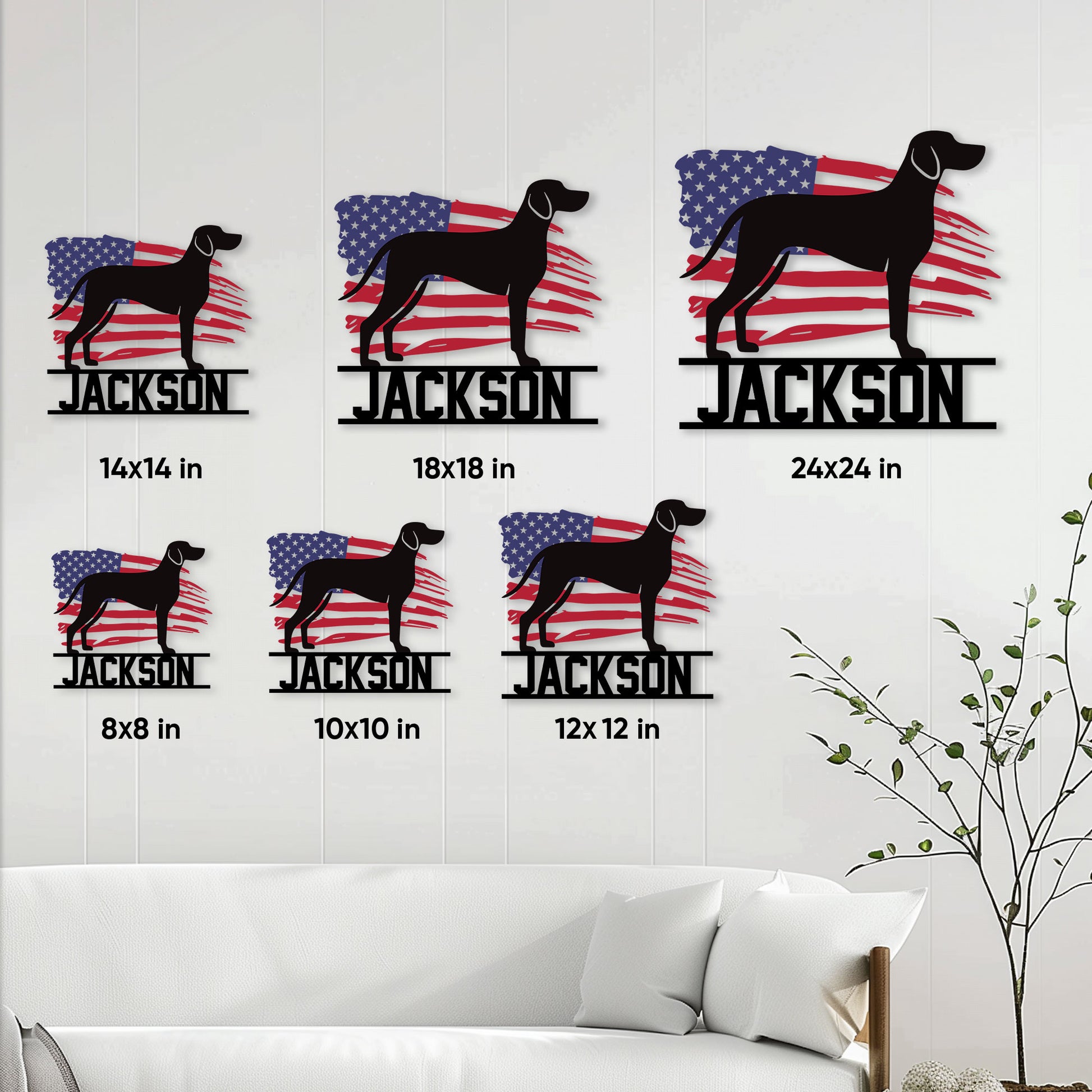 Patriotic Vizsla metal sign size guide showing six available square dimensions in a living room setting