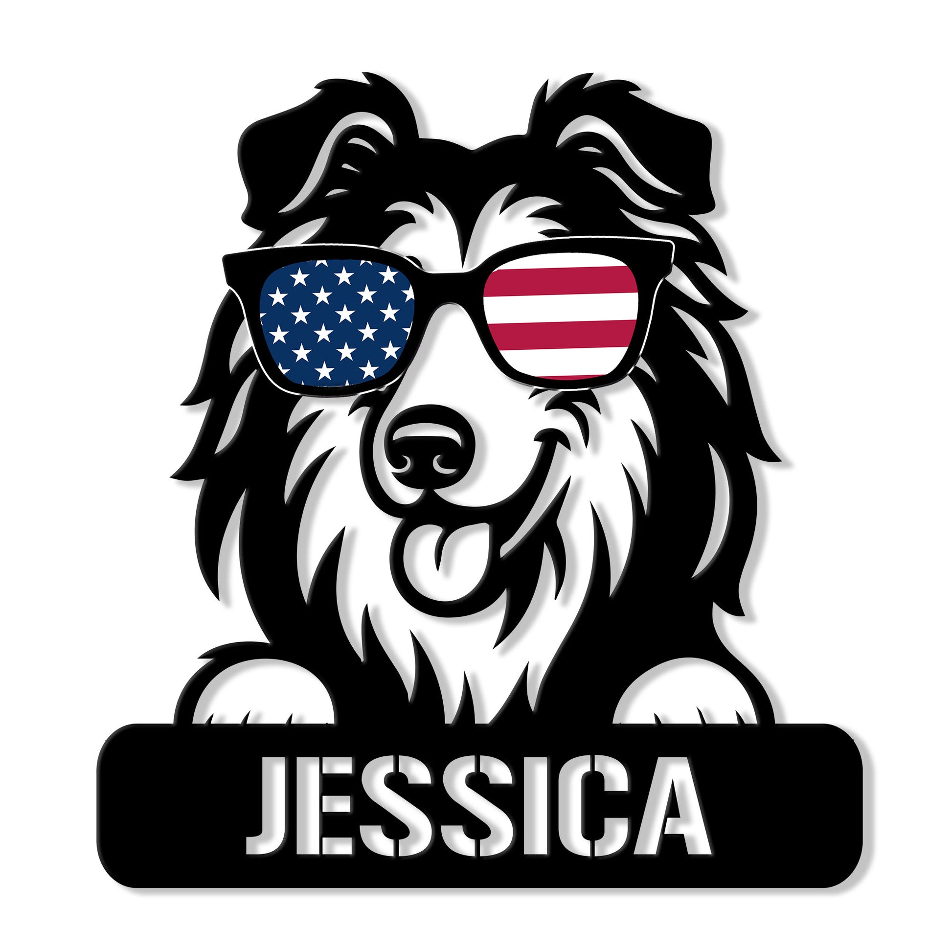 Custom Rough Collie metal sign featuring a cheerful dog wearing sunglasses with an American flag design