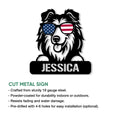 Rough Collie metal sign product graphic showing the patriotic dog artwork and cut metal sign features