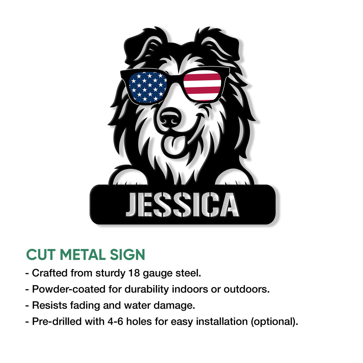 Rough Collie metal sign product graphic showing the patriotic dog artwork and cut metal sign features