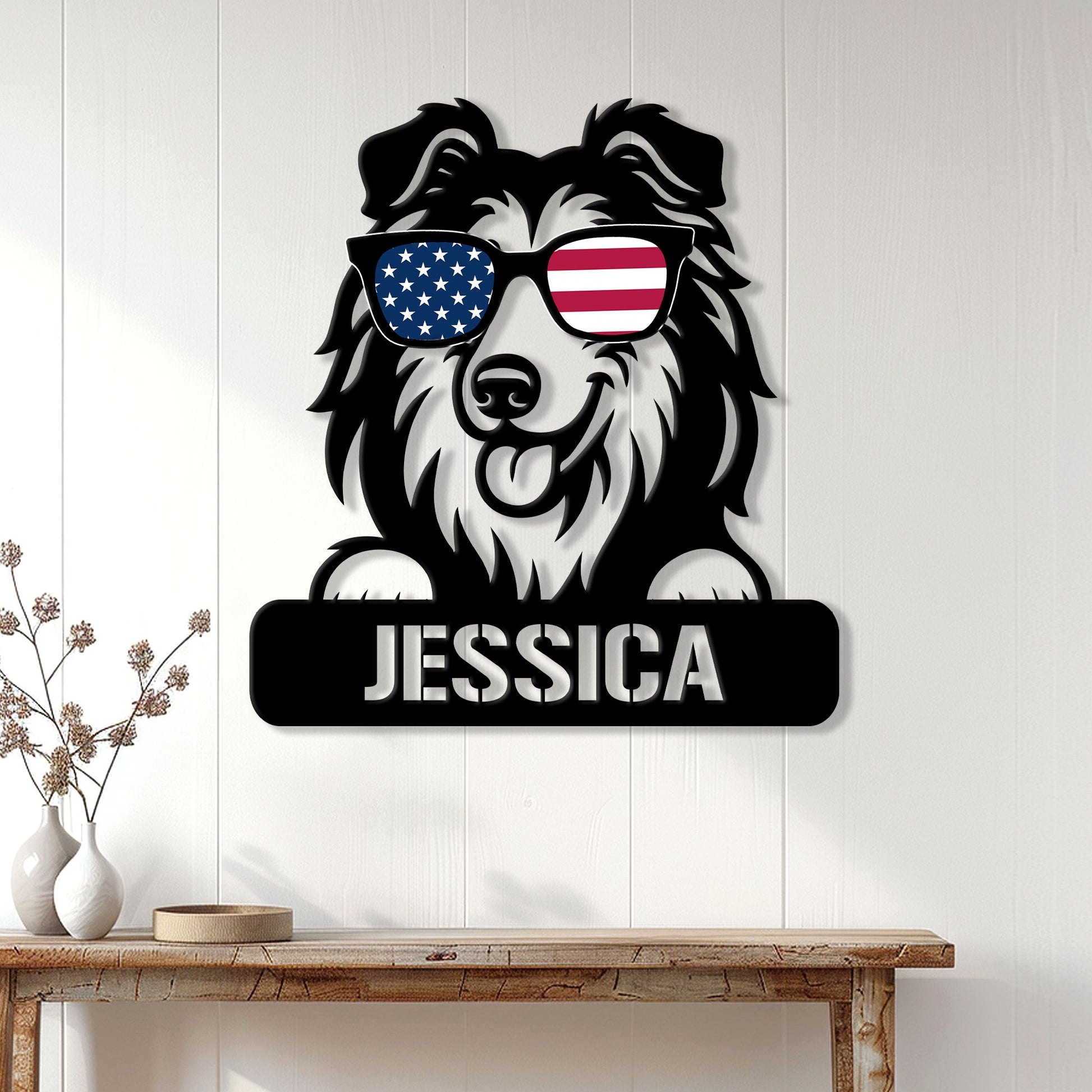 Rough Collie dog lover wall decor displayed on a light wood paneled wall above a console table