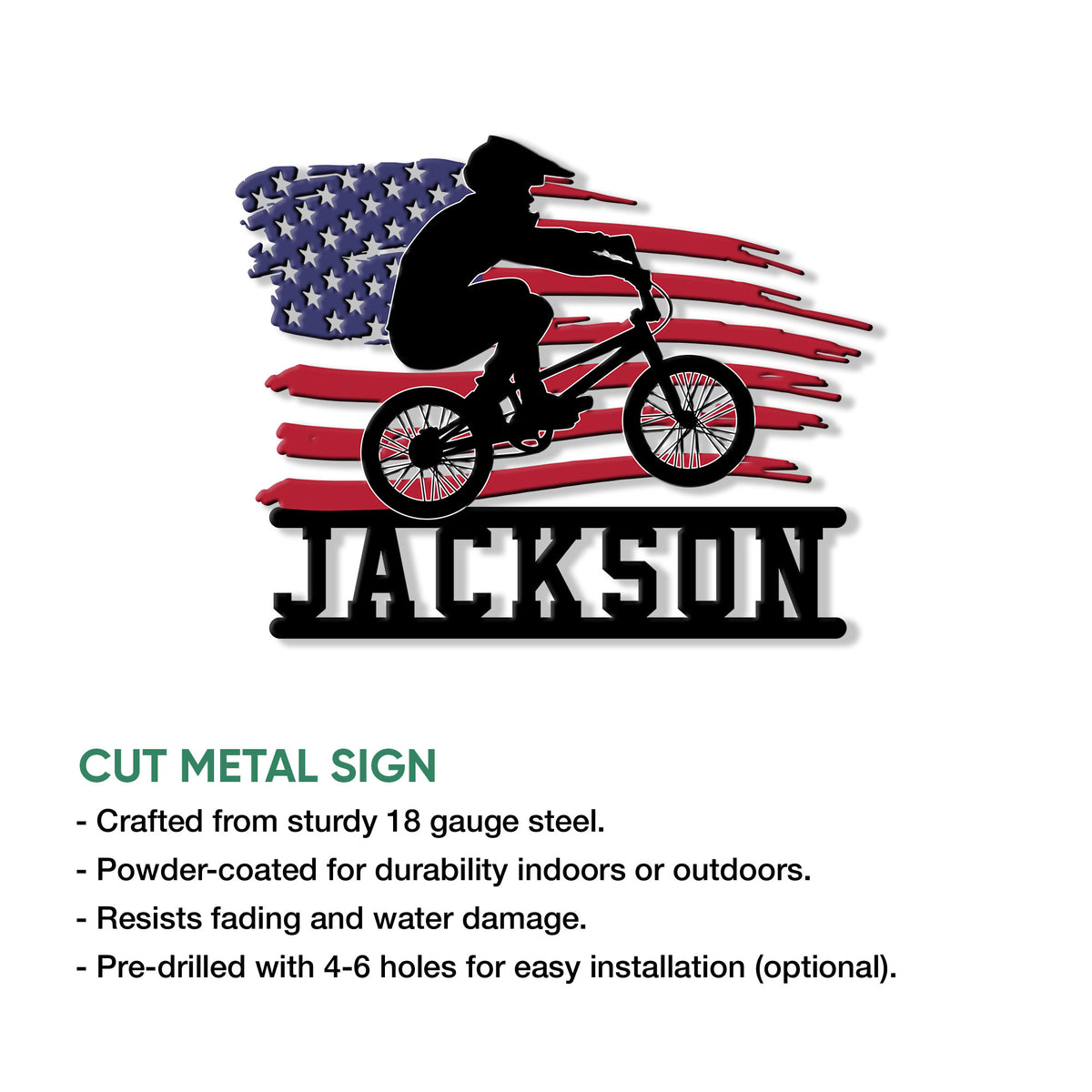 BMX rider metal sign product graphic showing the patriotic bike artwork and cut metal sign features