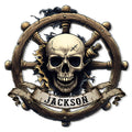 Pirate skull metal sign framed by a ship's wheel, sword accents, and a weathered scroll