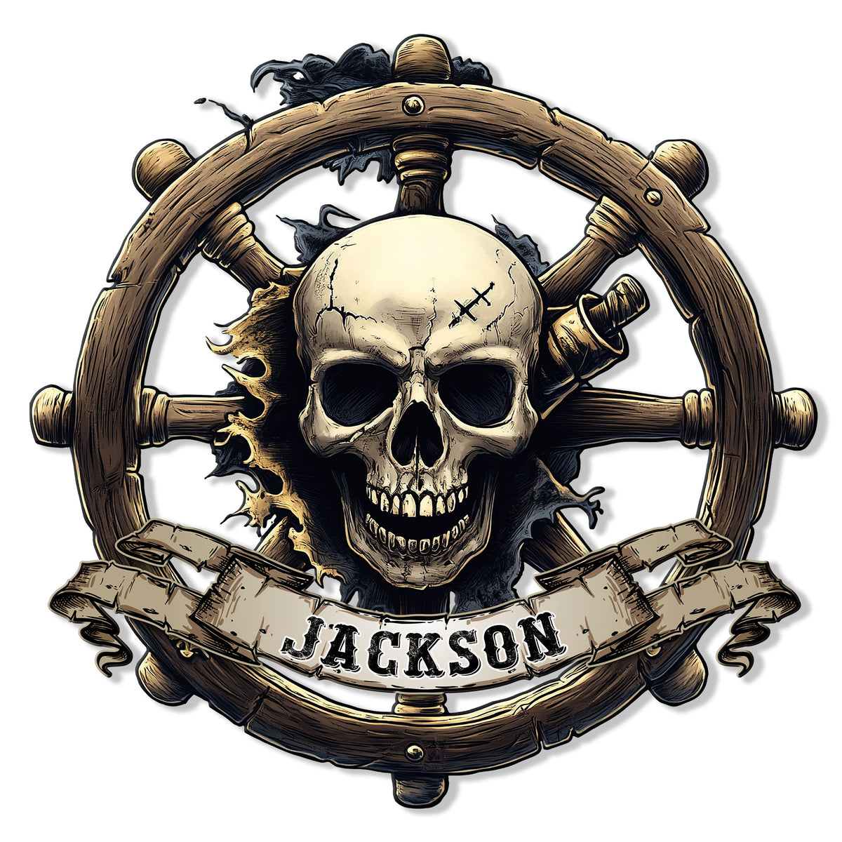 Pirate skull metal sign framed by a ship's wheel, sword accents, and a weathered scroll