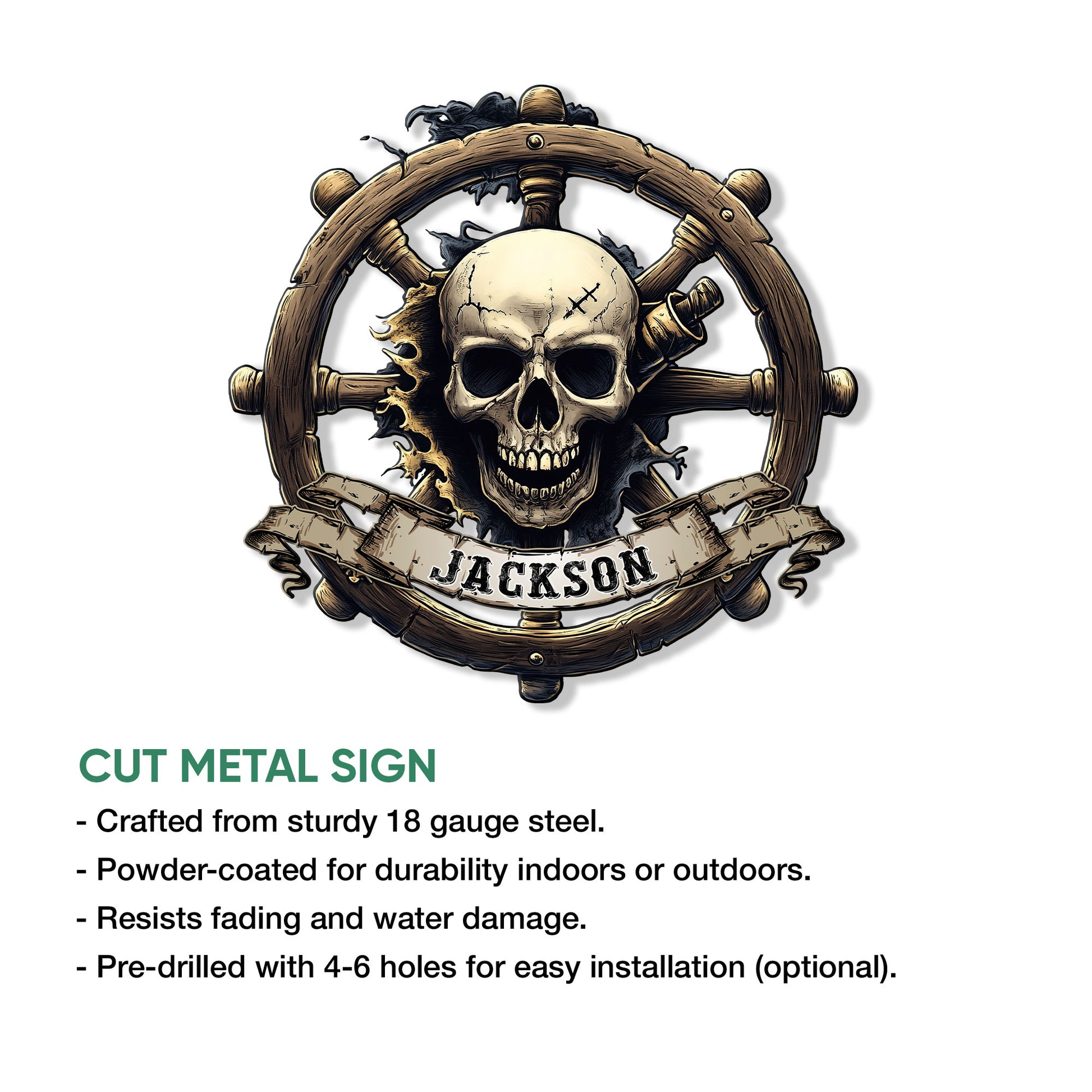 Cut metal pirate sign featuring a detailed skull, wooden ship's wheel, and nautical sword design