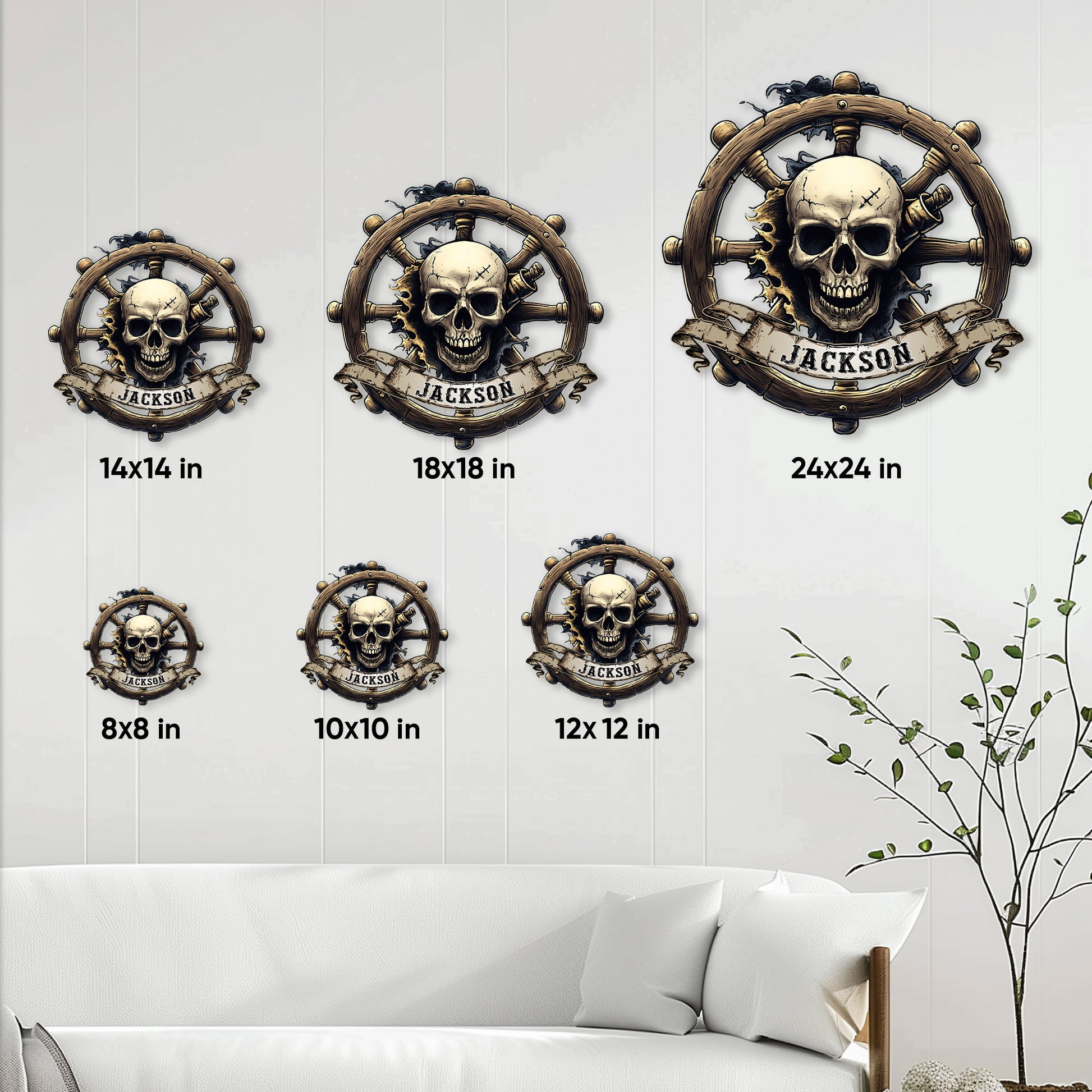 Pirate skull metal sign size guide showing 8, 10, 12, 14, 18, and 24 inch options