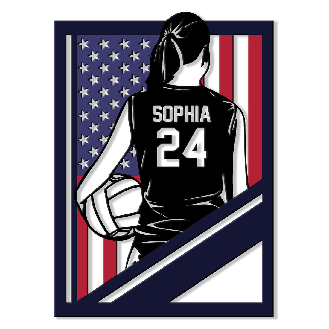 Custom volleyball metal sign featuring a female player holding a volleyball against a patriotic American flag design