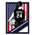 Custom volleyball metal sign featuring a female player holding a volleyball against a patriotic American flag design