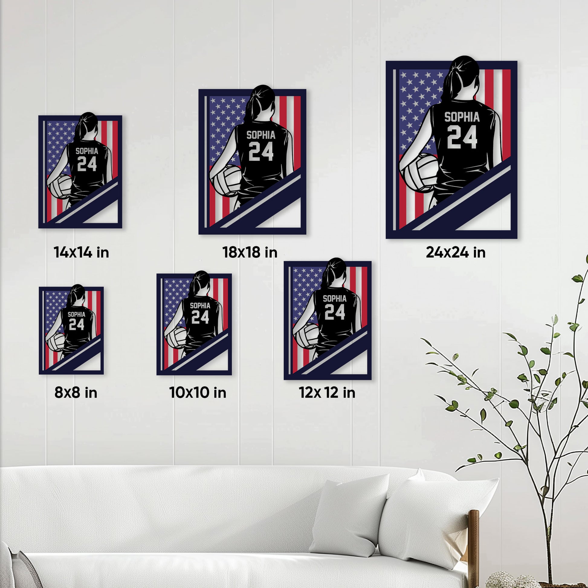 Volleyball metal sign size guide showing available square sizes from 8x8 inches through 24x24 inches
