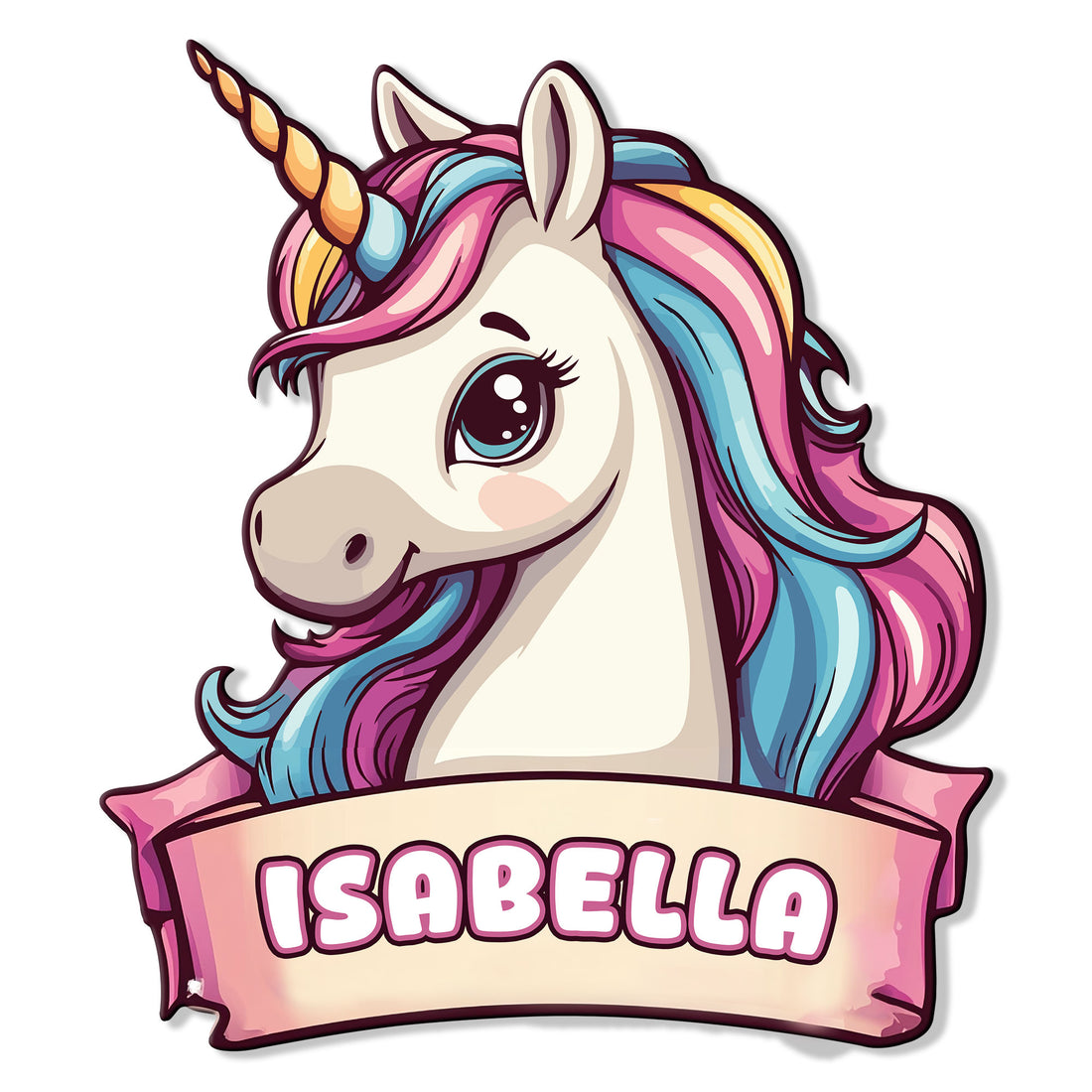 Colorful unicorn metal sign featuring a bright rainbow mane and decorative banner design