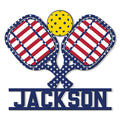 Patriotic pickleball metal sign with crossed paddles, perforated ball, and star-spangled design