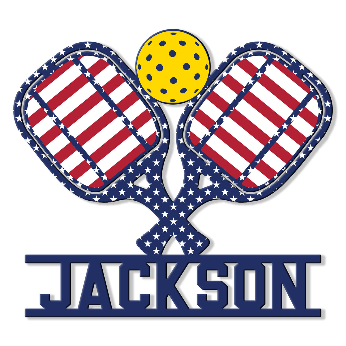 Patriotic pickleball metal sign with crossed paddles, perforated ball, and star-spangled design