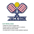 Patriotic pickleball paddle sign shown as a cut metal wall decor design with a bold custom look