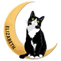 Tuxedo cat metal sign featuring a black and white cat seated on a golden crescent moon