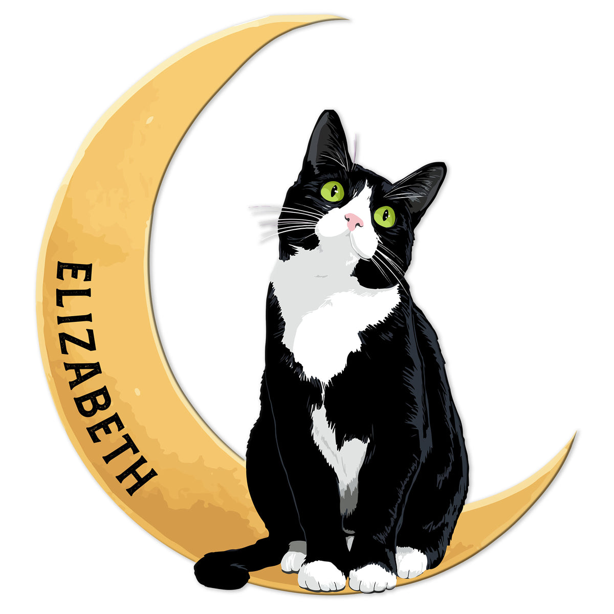 Tuxedo cat metal sign featuring a black and white cat seated on a golden crescent moon