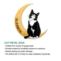 Tuxedo cat cut metal sign shown with indoor and outdoor use features