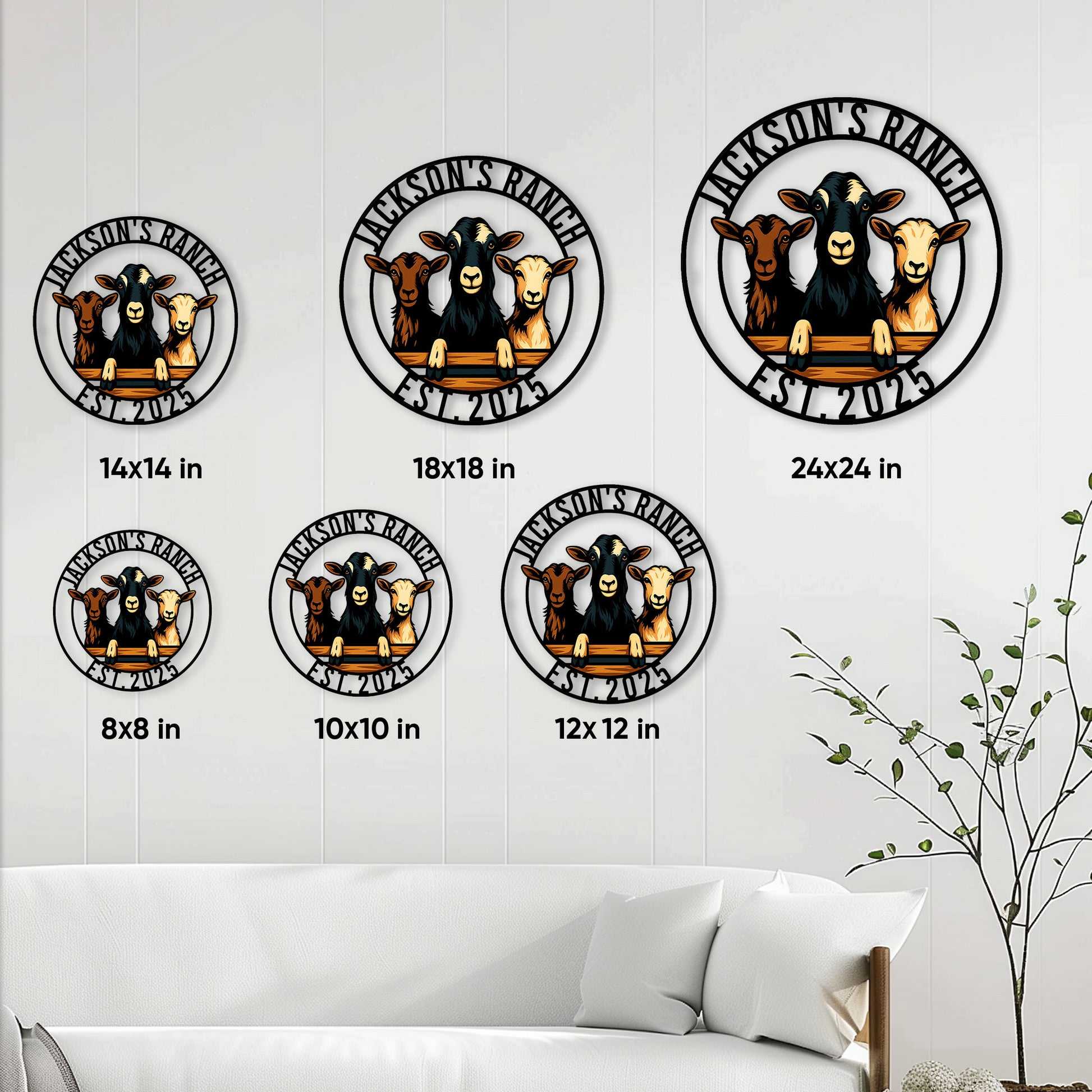 Goat metal sign size guide showing multiple round size options in a home decor setting