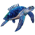 Blue geometric sea turtle metal sign with a sparkling ocean-inspired shell and detailed flippers