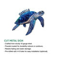 Blue sea turtle metal sign shown with a cut-metal design and ocean-inspired geometric artwork
