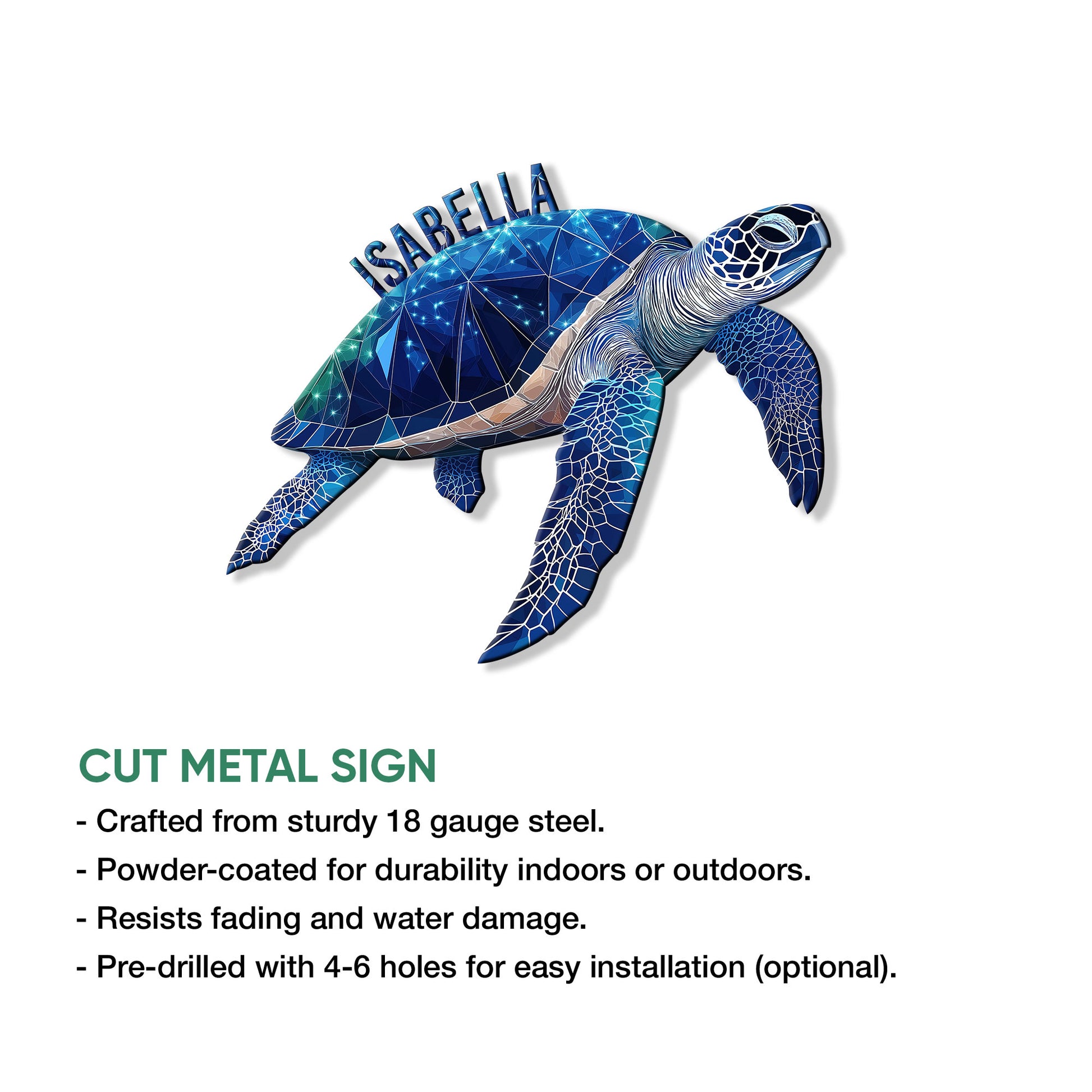Blue sea turtle metal sign shown with a cut-metal design and ocean-inspired geometric artwork