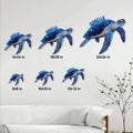 Sea turtle metal sign size guide showing six available square size options in a home decor setting