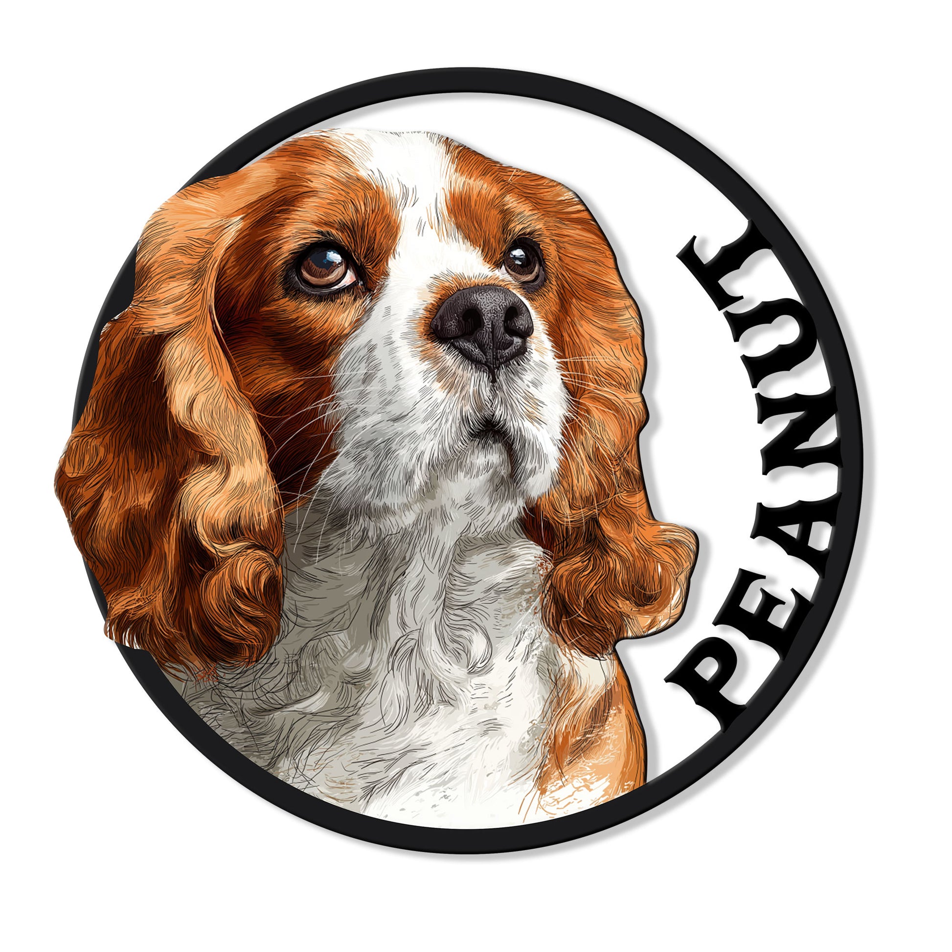 Cavalier King Charles Spaniel portrait on a circular cut metal sign with a bold black border