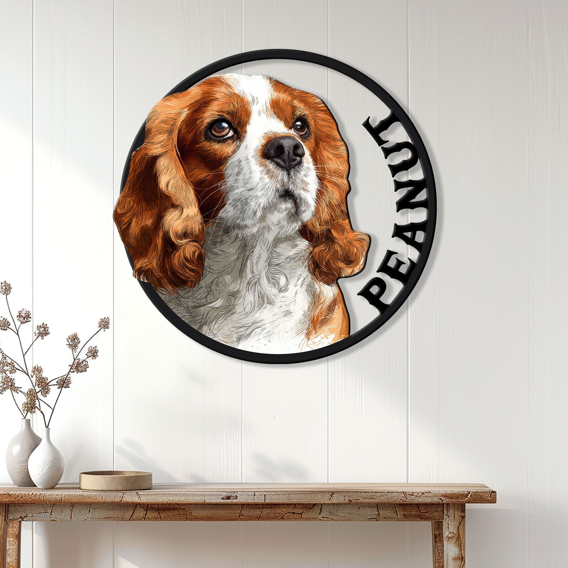 Cavalier King Charles Spaniel wall sign displayed on a light paneled wall above a console table