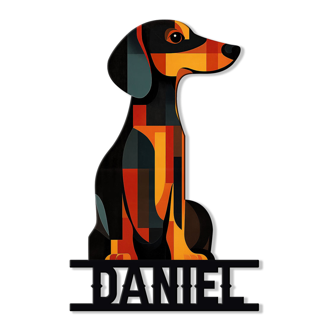 Geometric dachshund metal sign featuring a seated wiener dog in bold black, orange, red, and teal shapes