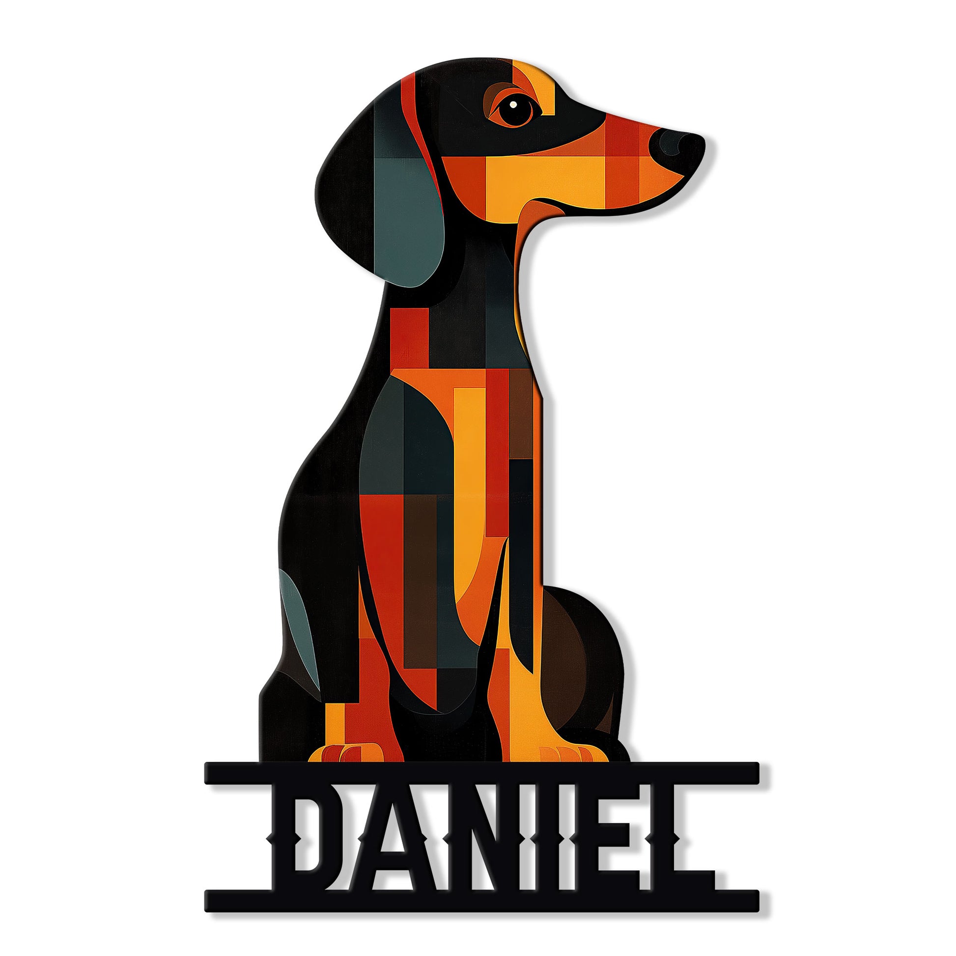 Geometric dachshund metal sign featuring a seated wiener dog in bold black, orange, red, and teal shapes