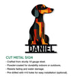 Dachshund metal sign product graphic showing cut-metal construction and optional installation features