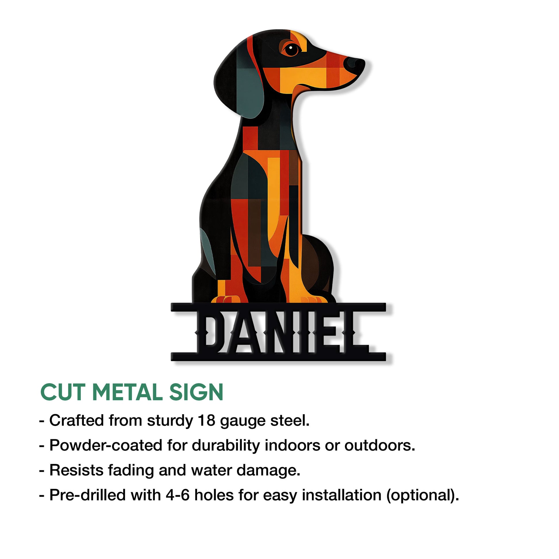 Dachshund metal sign product graphic showing cut-metal construction and optional installation features