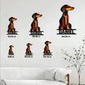 Dachshund metal sign size guide showing available 8x8, 10x10, 12x12, 14x14, 18x18, and 24x24 inch options