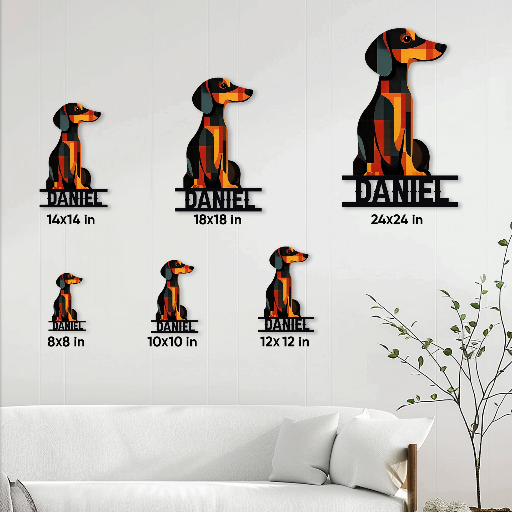 Dachshund metal sign size guide showing available 8x8, 10x10, 12x12, 14x14, 18x18, and 24x24 inch options