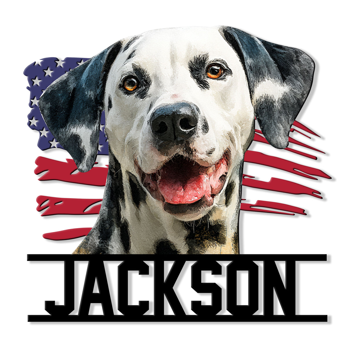 Custom Dalmatian metal sign featuring a happy black-and-white dog portrait over a distressed American flag