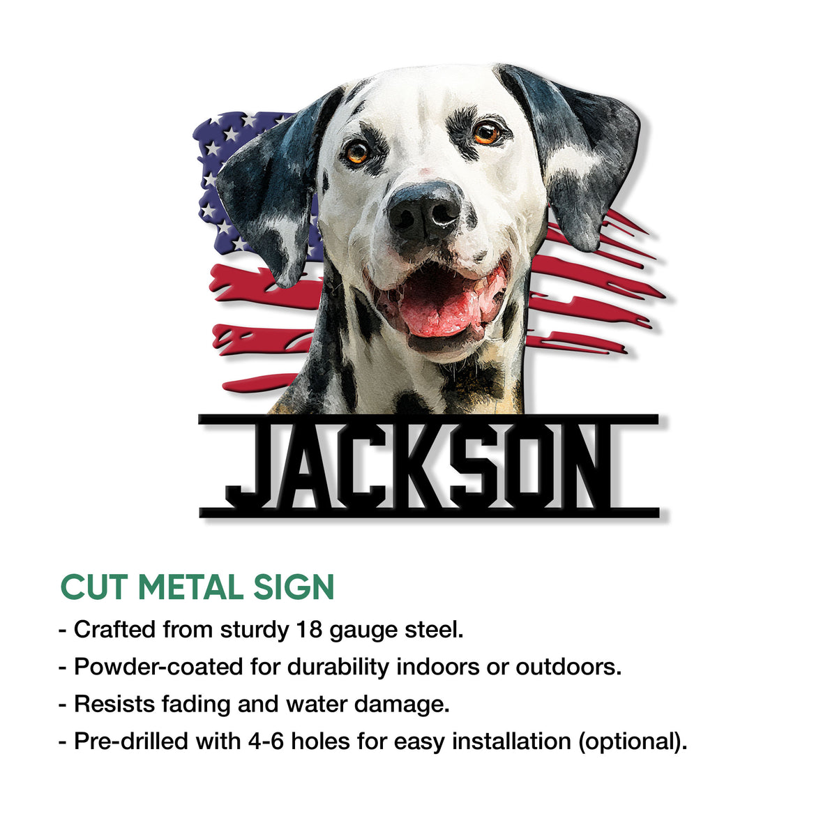 Dalmatian dog metal sign shown with cut-steel construction and indoor or outdoor display details